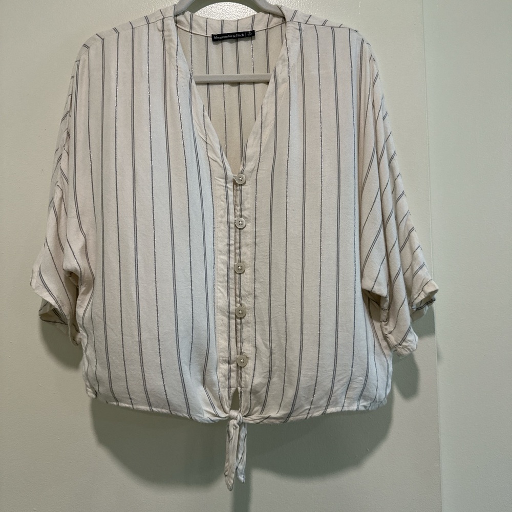 Abercrombie & Fitch Ivory & Grey Striped Button Up Top with Tie Front